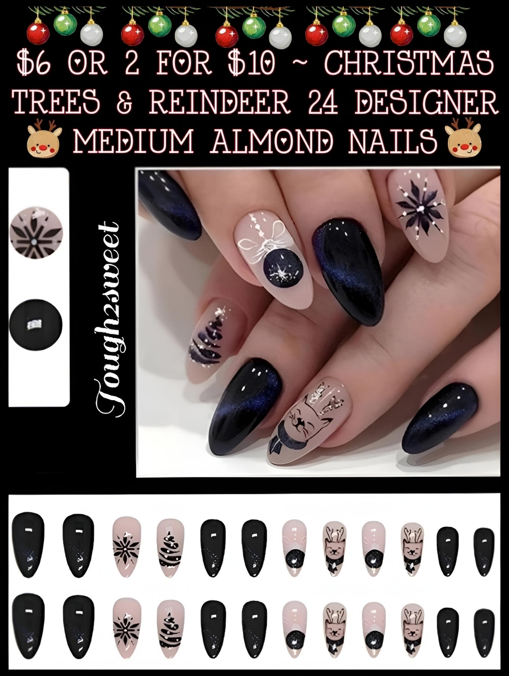 🆕$6 OR 2 FOR $10 ~ CHRISTMAS TREES & REINDEER 24 DESIGNER MEDIUM ALMOND NAILS